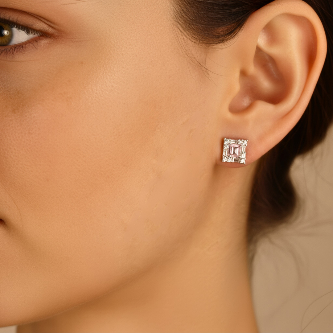 Pink Tourmaline Square Earrings