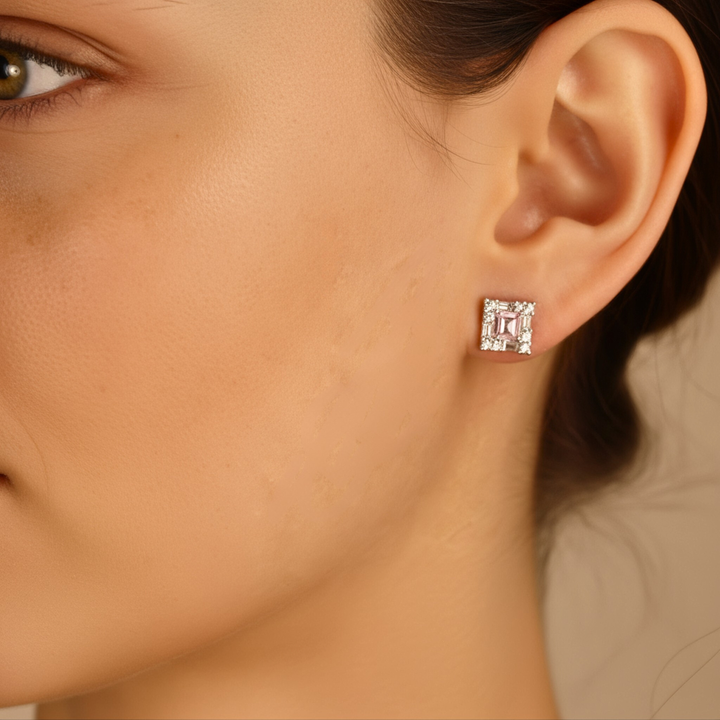 Pink Tourmaline Square Earrings