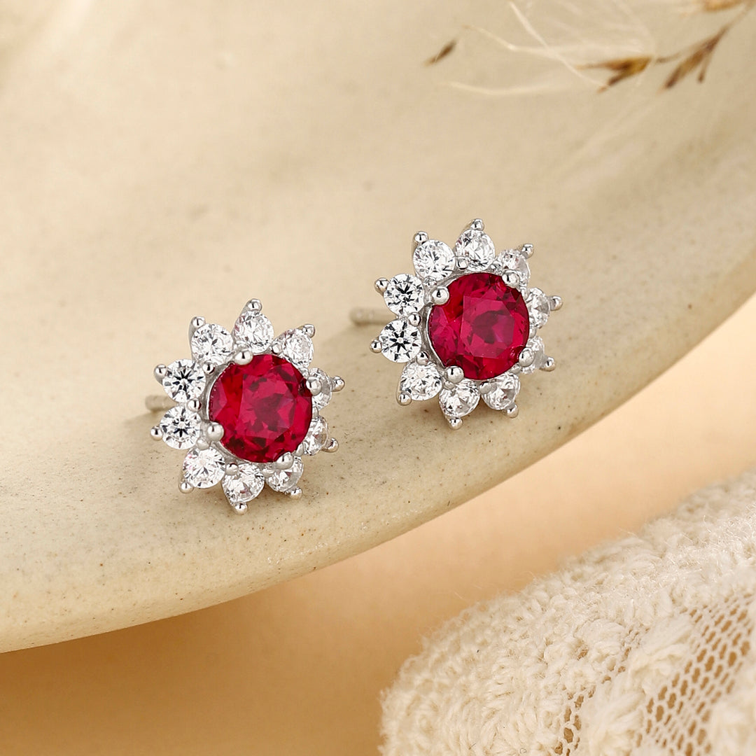 Round Cut Ruby Floral Studs